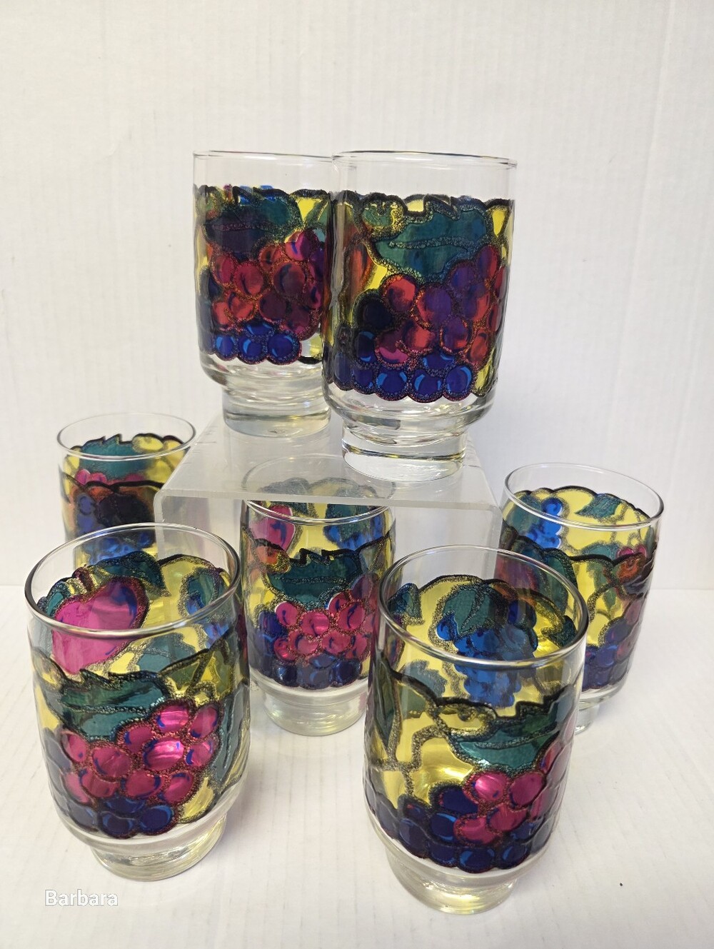 Vintage 70s Libby Set of 7 Stained Glass-Style Fruit Drinking Glasses